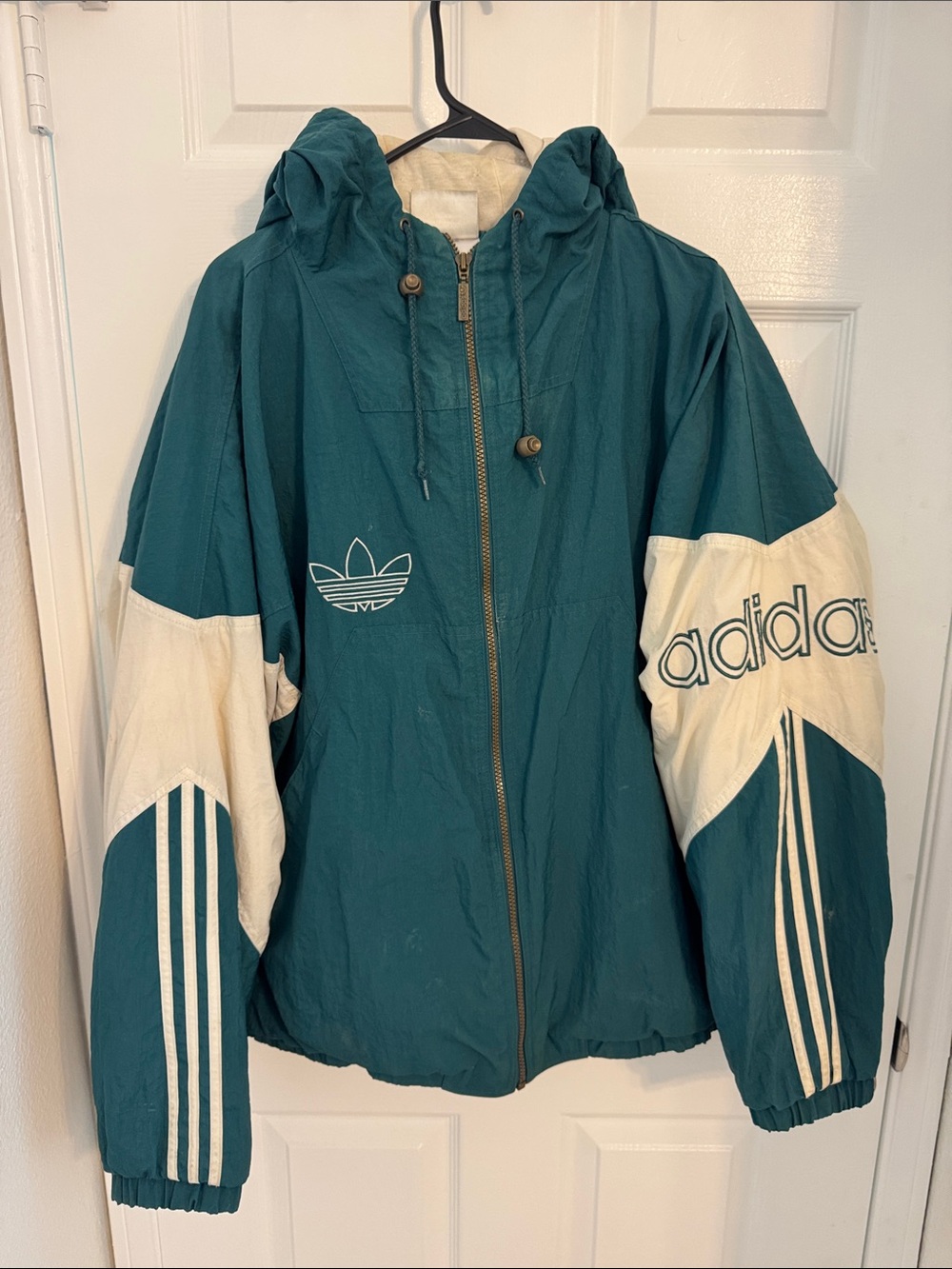 Men’s 1990’s XL adidas Teal Hooded Bomber Jacket. Was a soccer team jacket.